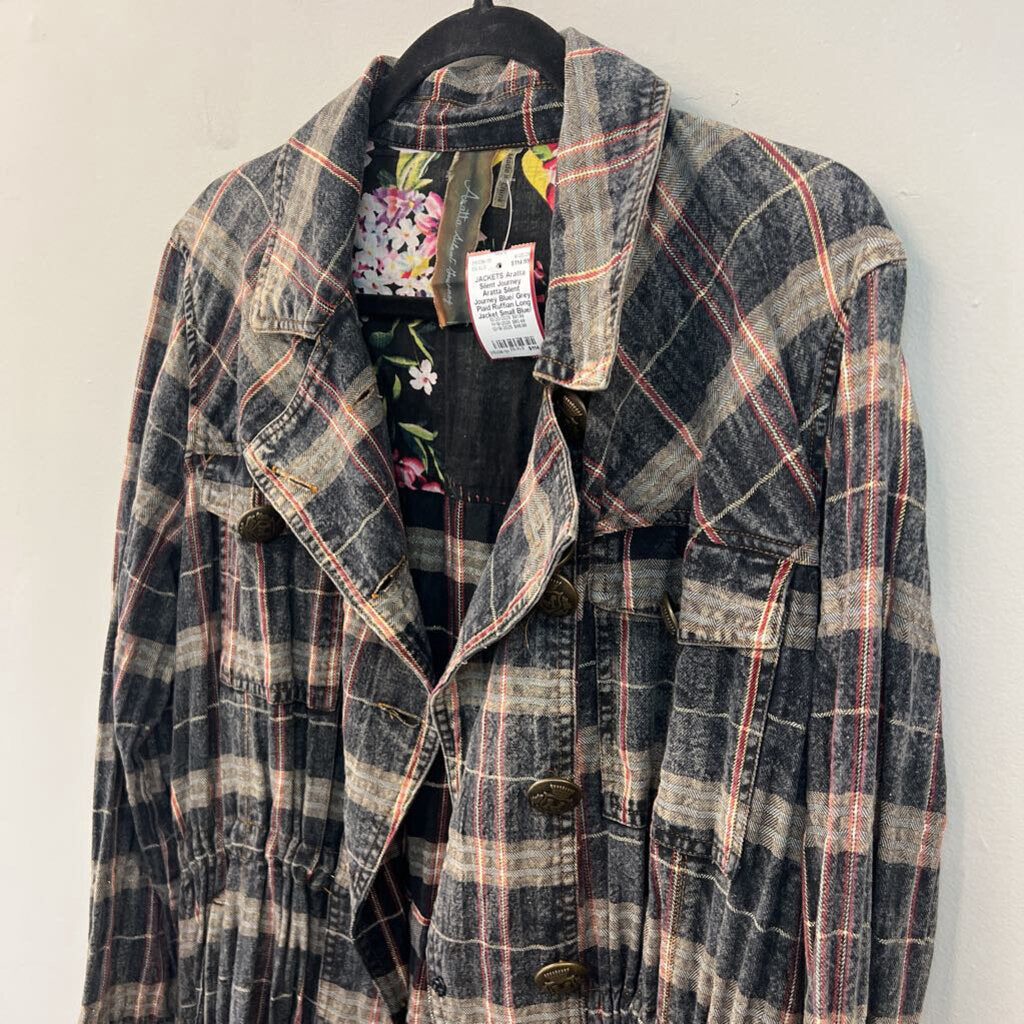 Aratta Silent Journey Blue/ Grey Plaid Ruffian Long Jacket Small