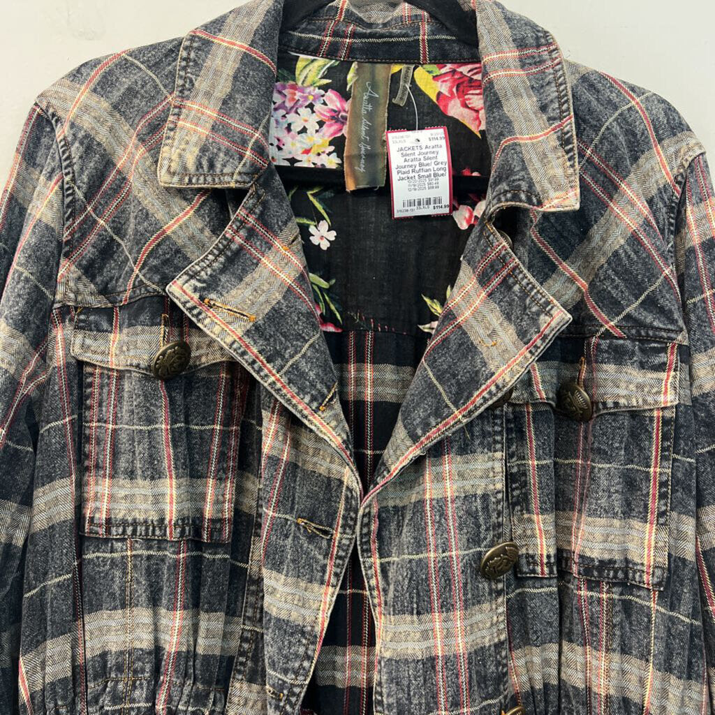 Aratta Silent Journey Blue/ Grey Plaid Ruffian Long Jacket Small