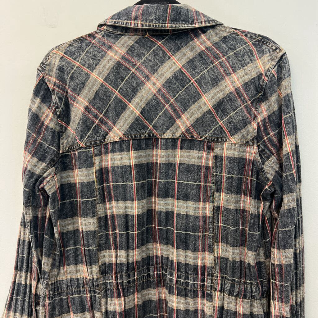 Aratta Silent Journey Blue/ Grey Plaid Ruffian Long Jacket Small