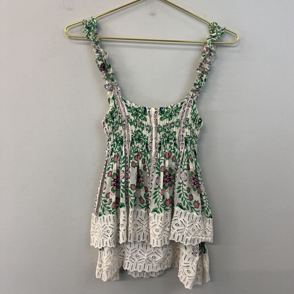 Tory Burch White/ Green Print Silk Layered Lace Hem Tank Top 6