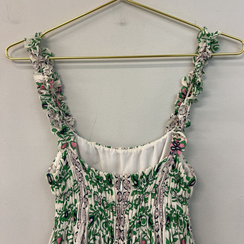 Tory Burch White/ Green Print Silk Layered Lace Hem Tank Top 6