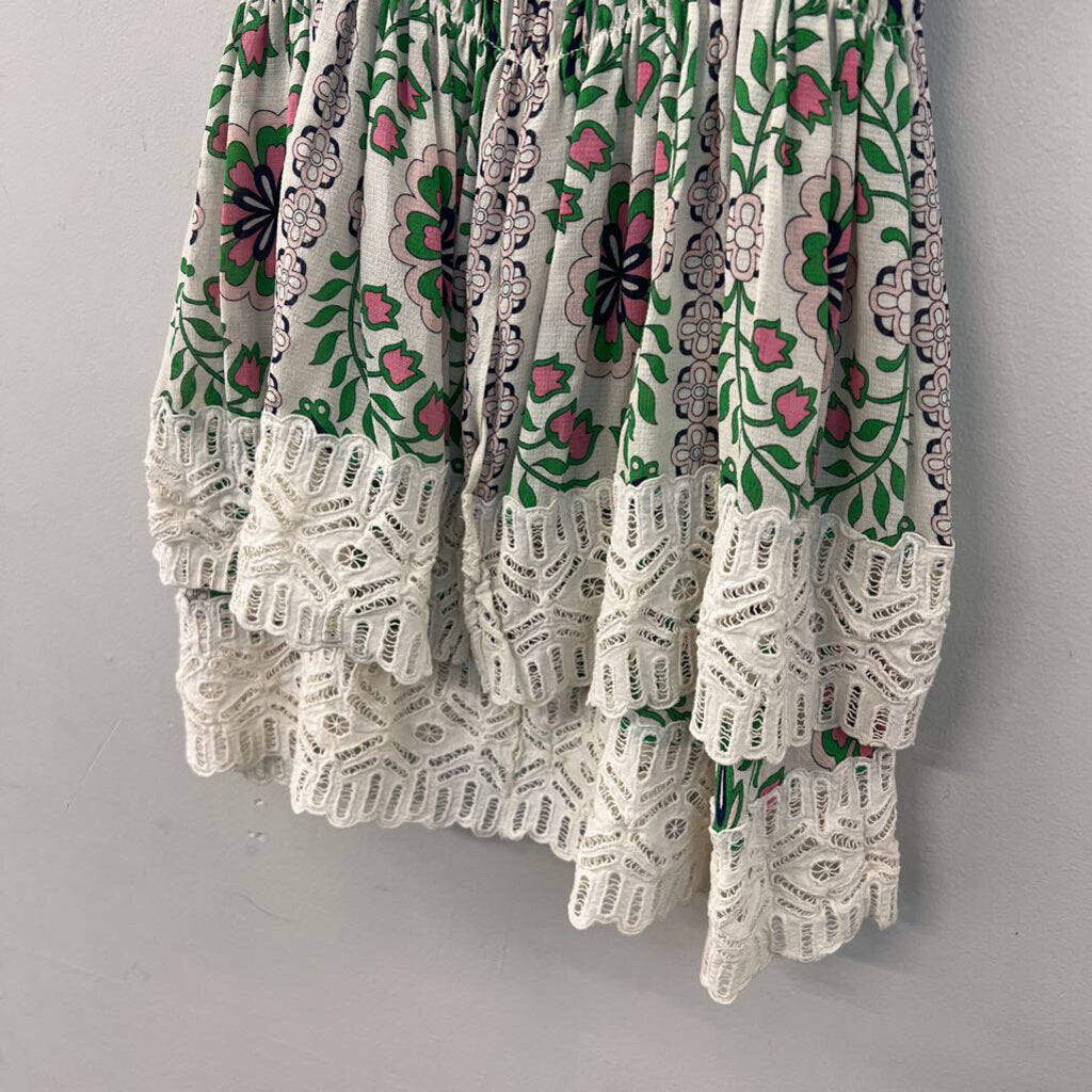 Tory Burch White/ Green Print Silk Layered Lace Hem Tank Top 6