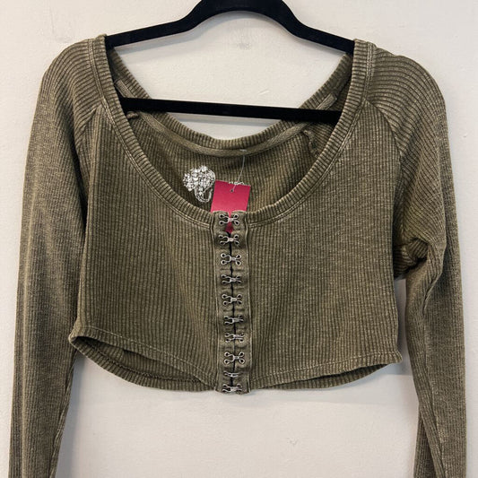 Pilcro Green Ribbed Cropped Hook/ Eye Closure Long Sleeve Top Small