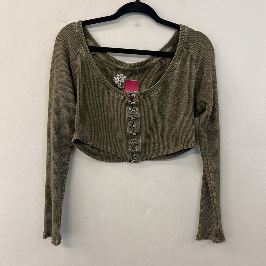 Pilcro Green Ribbed Cropped Hook/ Eye Closure Long Sleeve Top Small