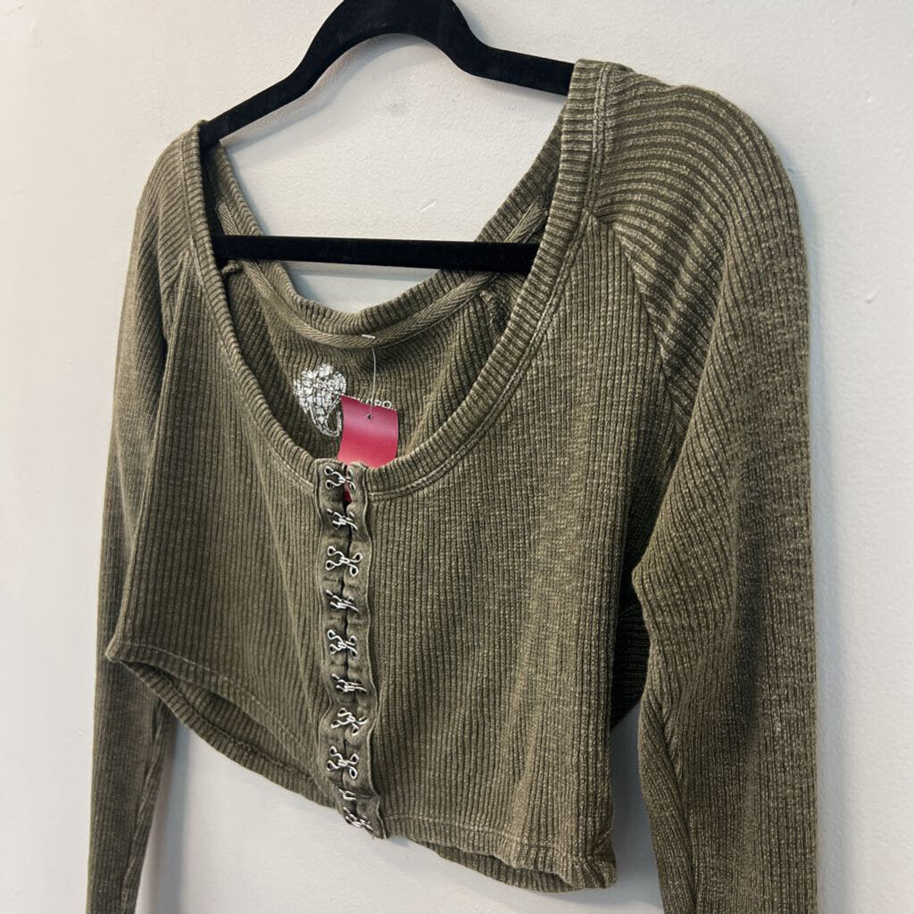 Pilcro Green Ribbed Cropped Hook/ Eye Closure Long Sleeve Top Small