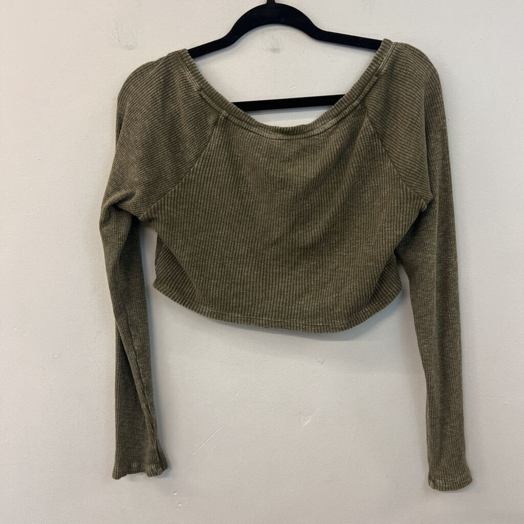 Pilcro Green Ribbed Cropped Hook/ Eye Closure Long Sleeve Top Small