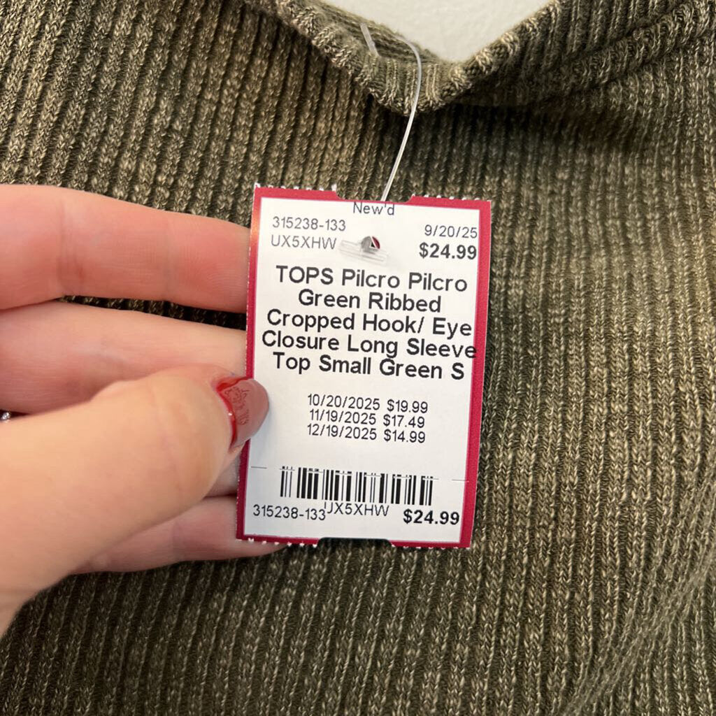 Pilcro Green Ribbed Cropped Hook/ Eye Closure Long Sleeve Top Small