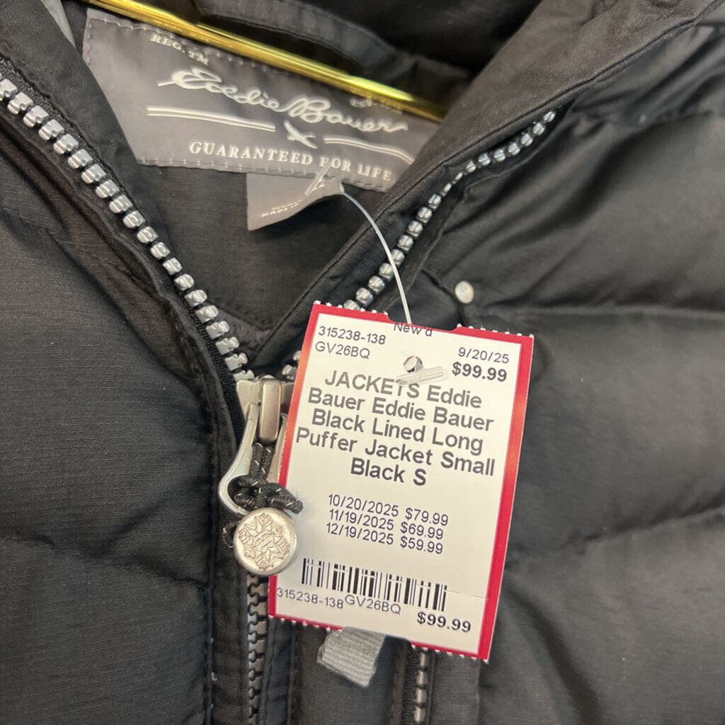 Eddie Bauer Black Lined Long Puffer Jacket Small