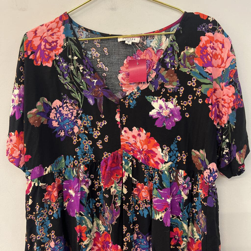 Andree Black/ Multi Flower Print Short Sleeve Shift Dress 1X