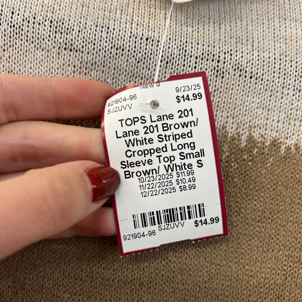 Lane 201 Brown/ White Striped Cropped Long Sleeve Top Small