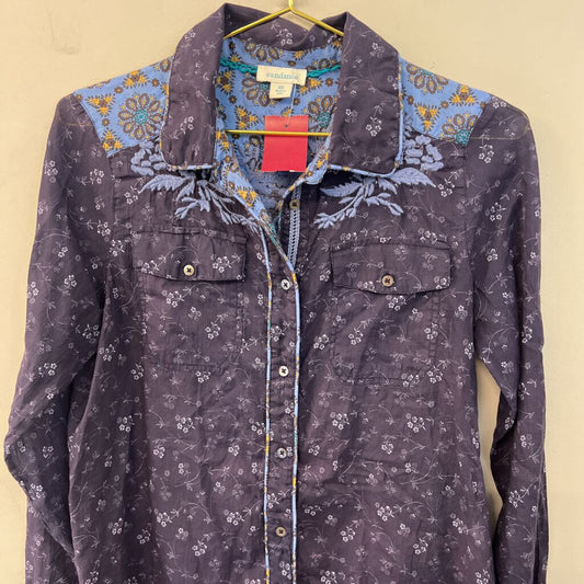 Sundance Blue Flower Print Embroidered Detail Long Sleeve Button Down Top Extra Small