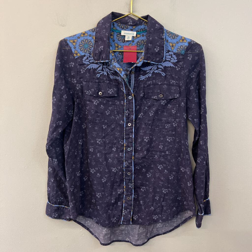 Sundance Blue Flower Print Embroidered Detail Long Sleeve Button Down Top Extra Small