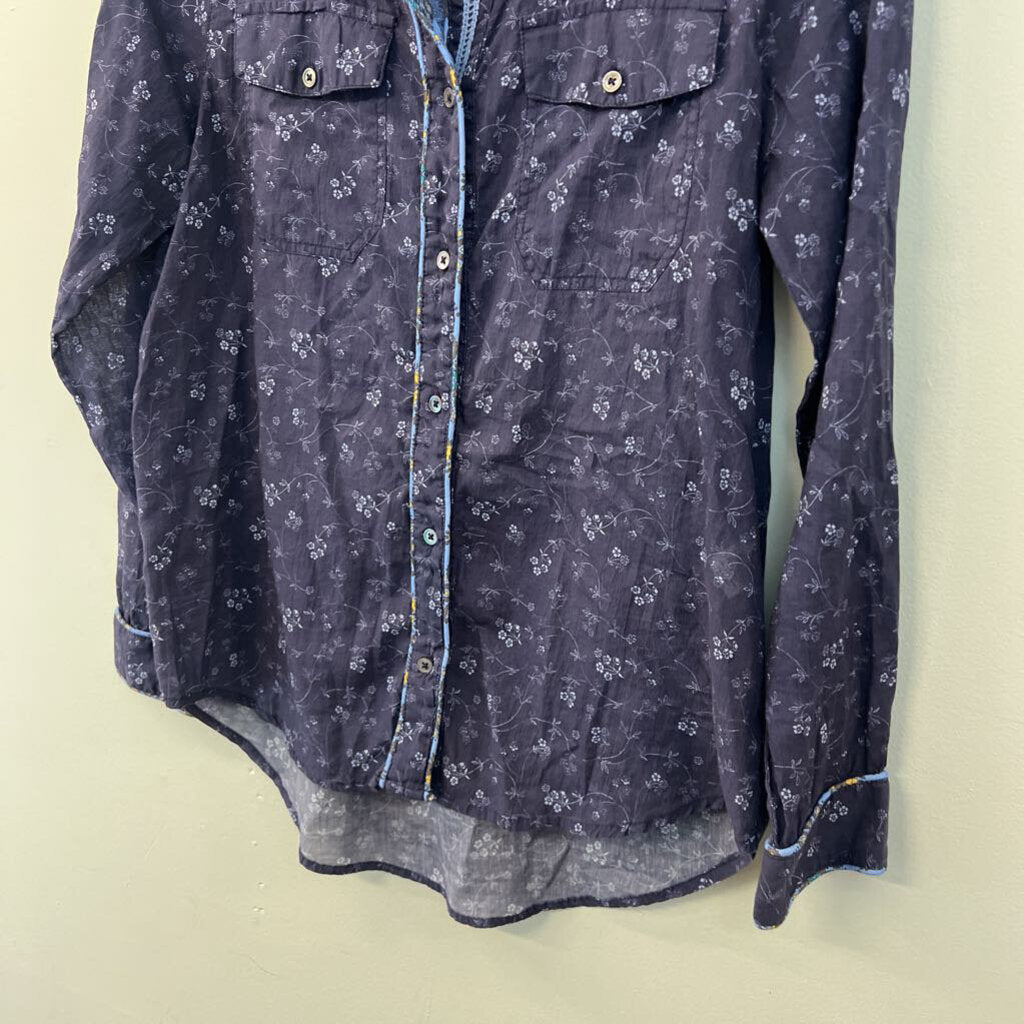 Sundance Blue Flower Print Embroidered Detail Long Sleeve Button Down Top Extra Small