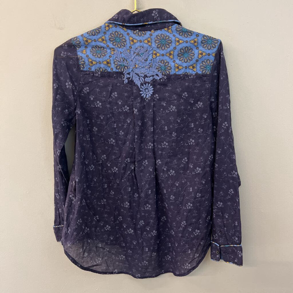 Sundance Blue Flower Print Embroidered Detail Long Sleeve Button Down Top Extra Small