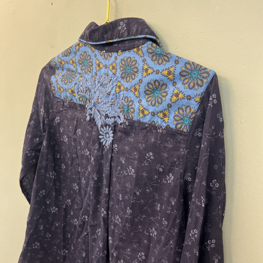 Sundance Blue Flower Print Embroidered Detail Long Sleeve Button Down Top Extra Small
