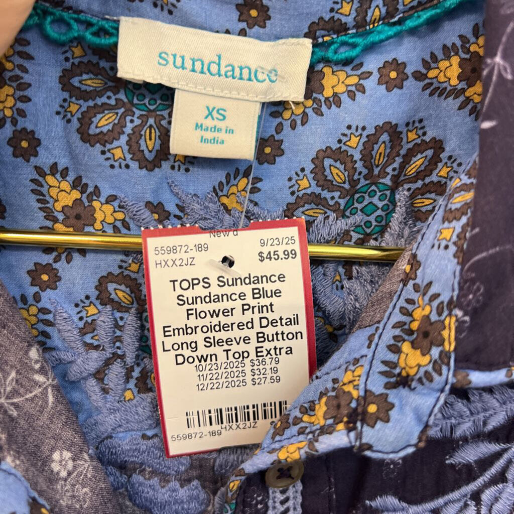 Sundance Blue Flower Print Embroidered Detail Long Sleeve Button Down Top Extra Small
