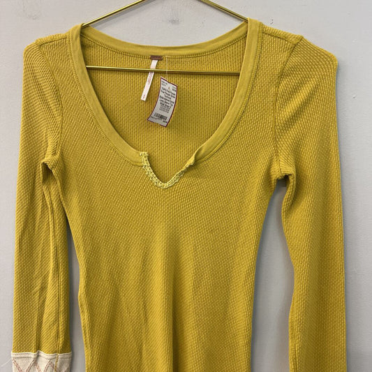Free People Green Textured Embroidered Detail Long Sleeve Top Small