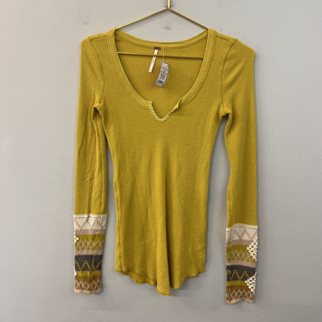 Free People Green Textured Embroidered Detail Long Sleeve Top Small
