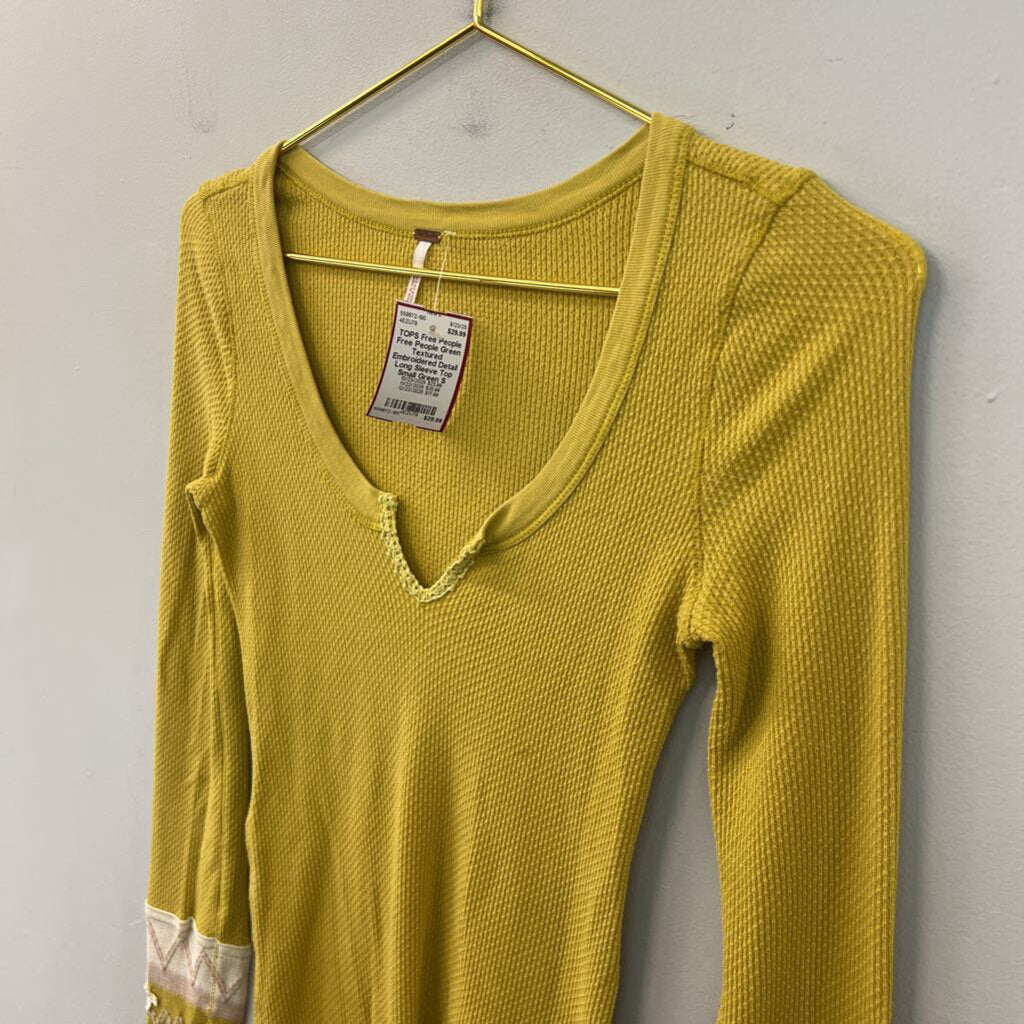Free People Green Textured Embroidered Detail Long Sleeve Top Small