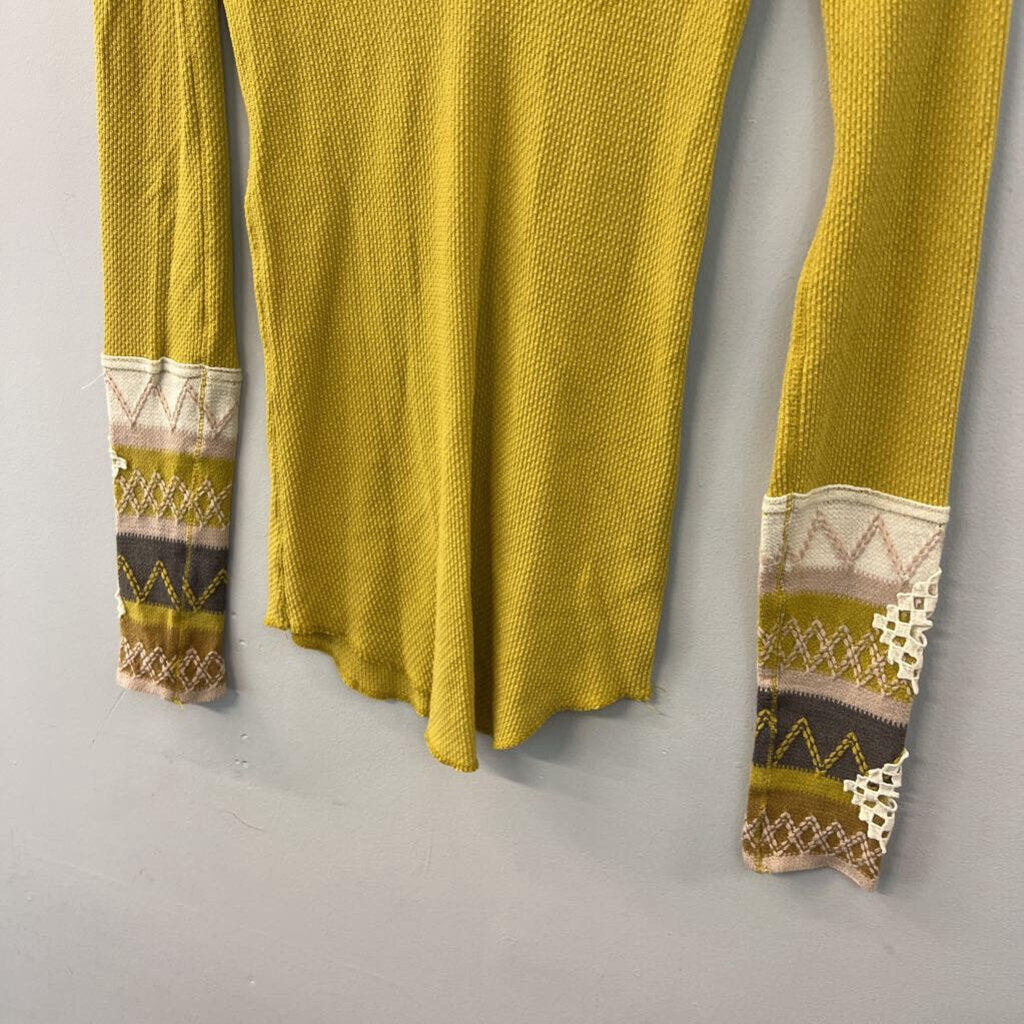 Free People Green Textured Embroidered Detail Long Sleeve Top Small