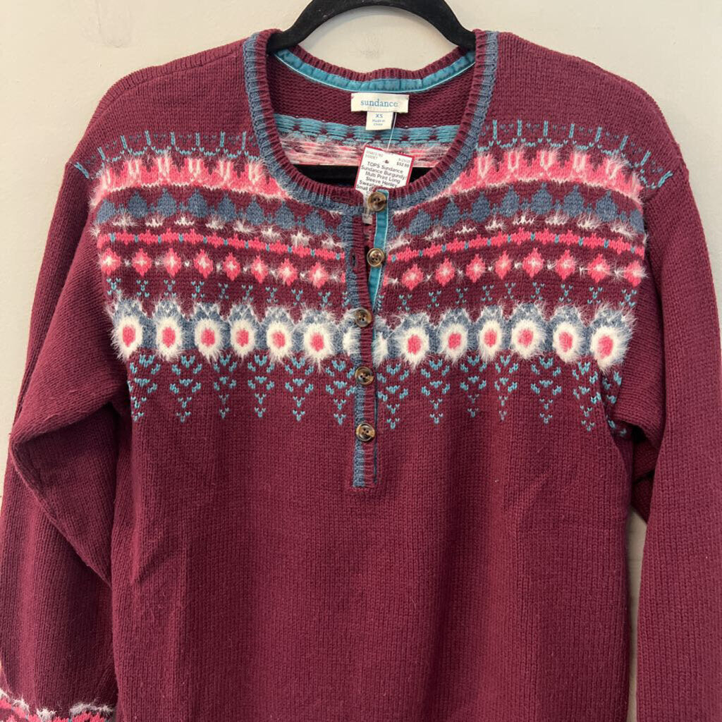 Sundance Burgundy/ Multi Print Long Sleeve Henley Sweater Top Extra Small