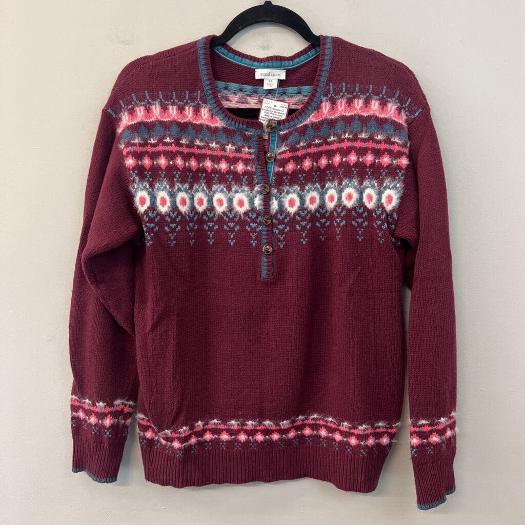 Sundance Burgundy/ Multi Print Long Sleeve Henley Sweater Top Extra Small