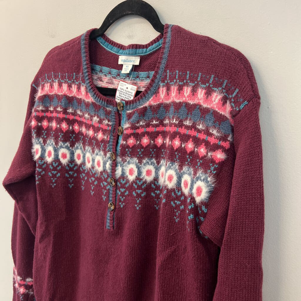 Sundance Burgundy/ Multi Print Long Sleeve Henley Sweater Top Extra Small