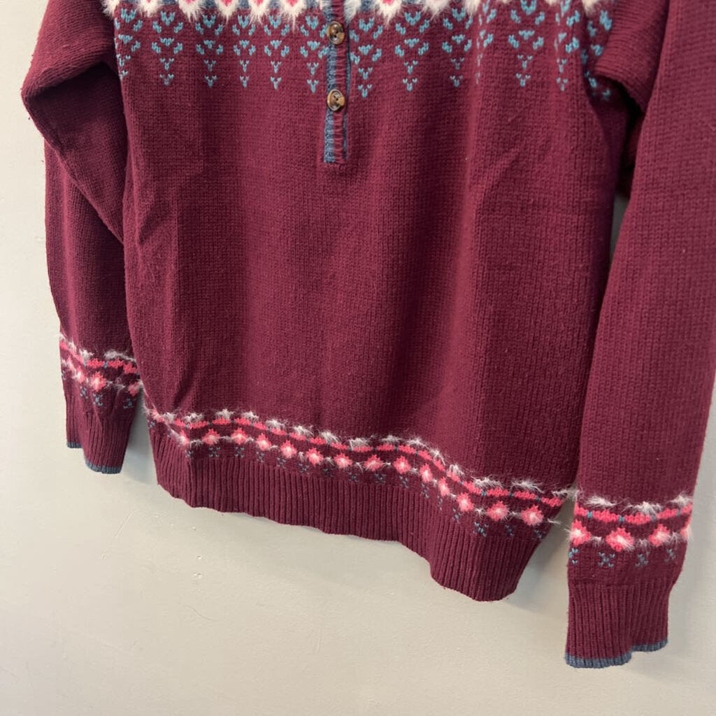 Sundance Burgundy/ Multi Print Long Sleeve Henley Sweater Top Extra Small