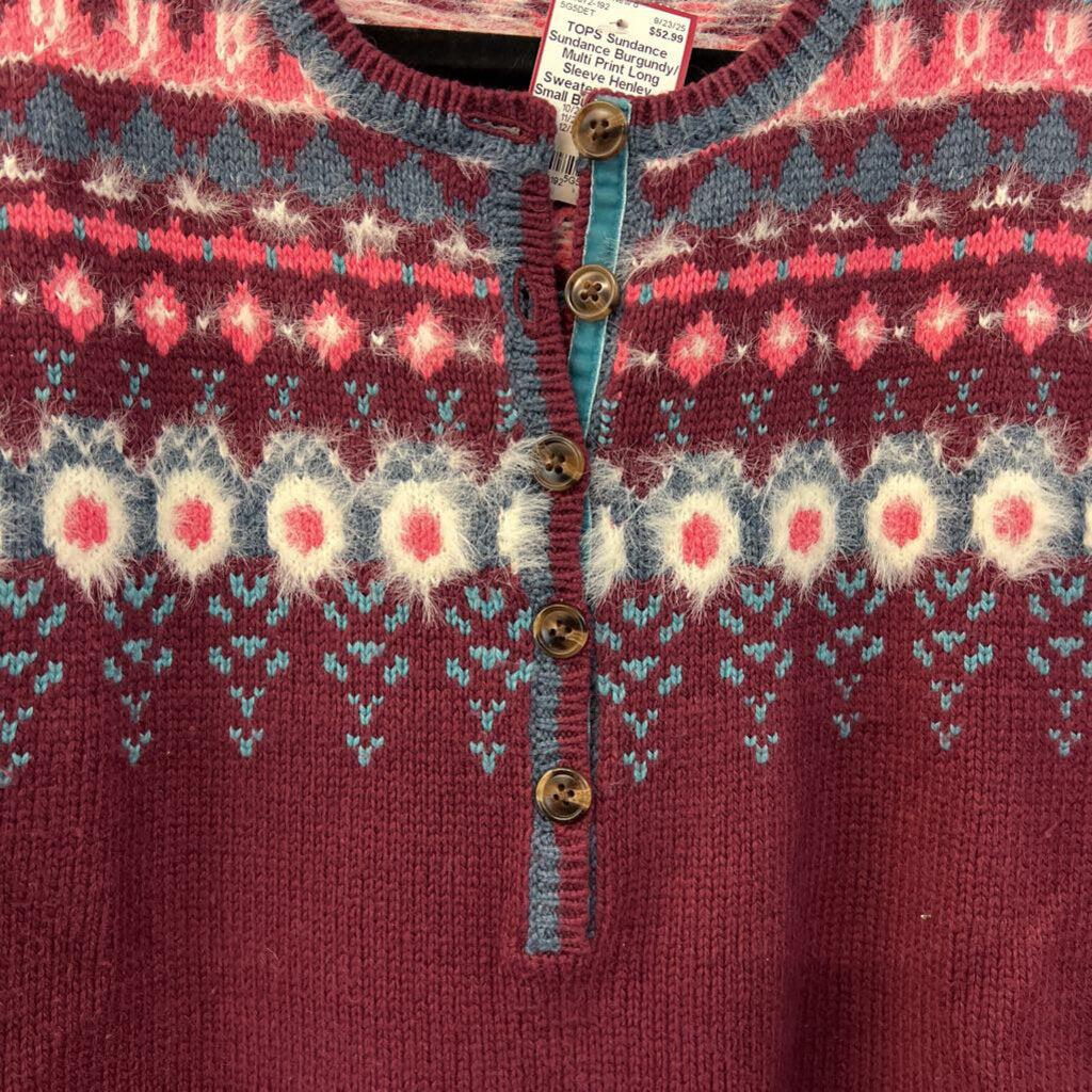 Sundance Burgundy/ Multi Print Long Sleeve Henley Sweater Top Extra Small