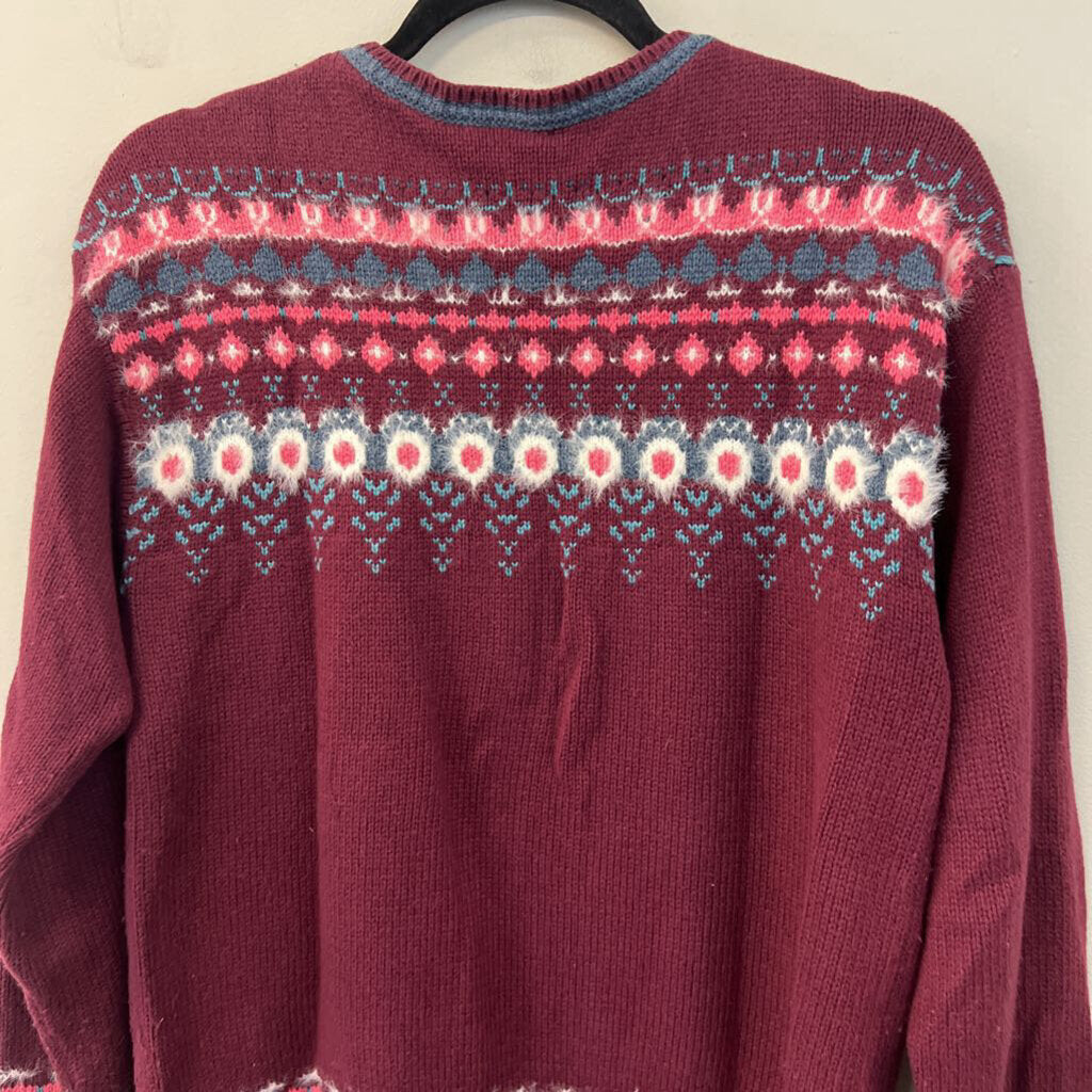 Sundance Burgundy/ Multi Print Long Sleeve Henley Sweater Top Extra Small
