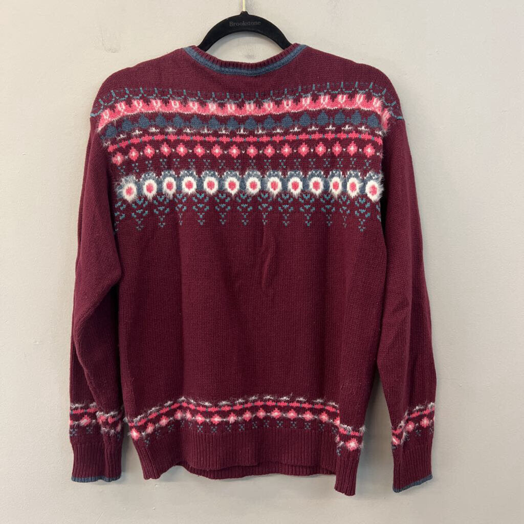 Sundance Burgundy/ Multi Print Long Sleeve Henley Sweater Top Extra Small