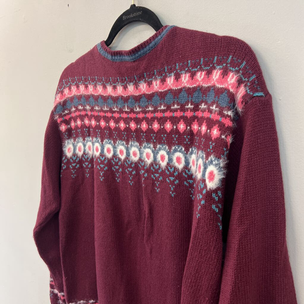 Sundance Burgundy/ Multi Print Long Sleeve Henley Sweater Top Extra Small