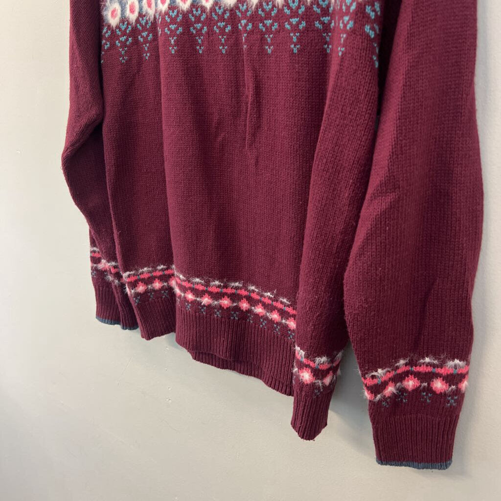 Sundance Burgundy/ Multi Print Long Sleeve Henley Sweater Top Extra Small