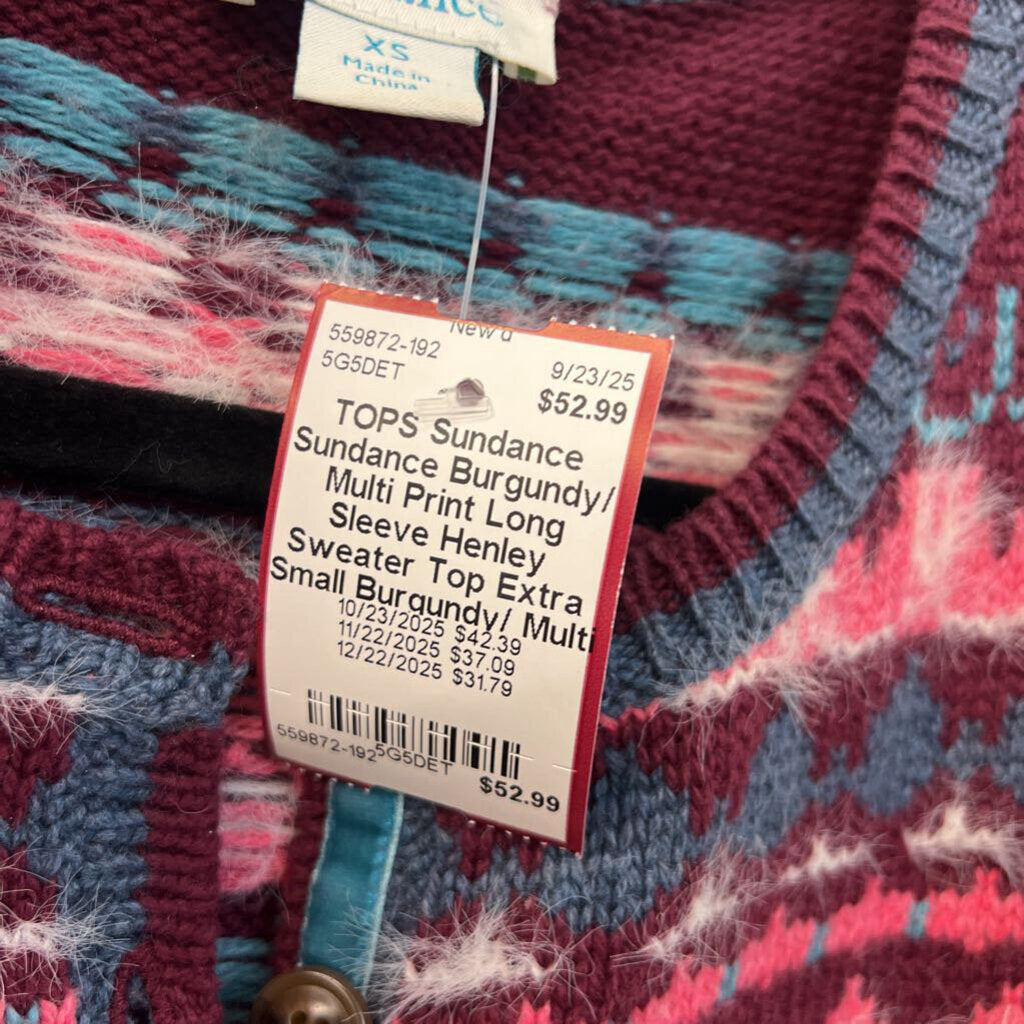 Sundance Burgundy/ Multi Print Long Sleeve Henley Sweater Top Extra Small