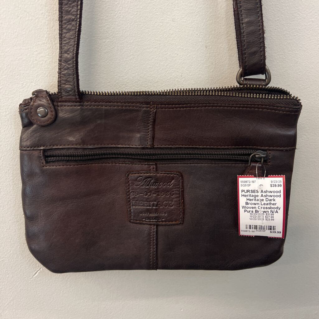 Ashwood Heritage Dark Brown Leather Woven Crossbody Purs