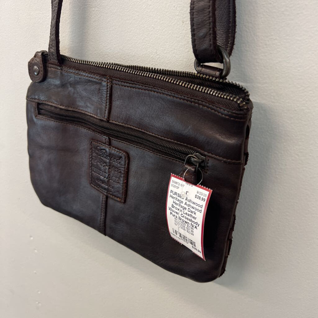 Ashwood Heritage Dark Brown Leather Woven Crossbody Purs