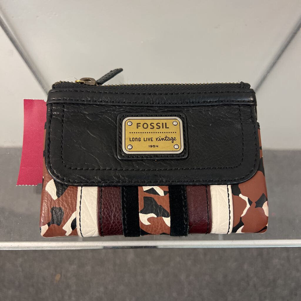 Fossil Black/ Brown Leather Print Wallet