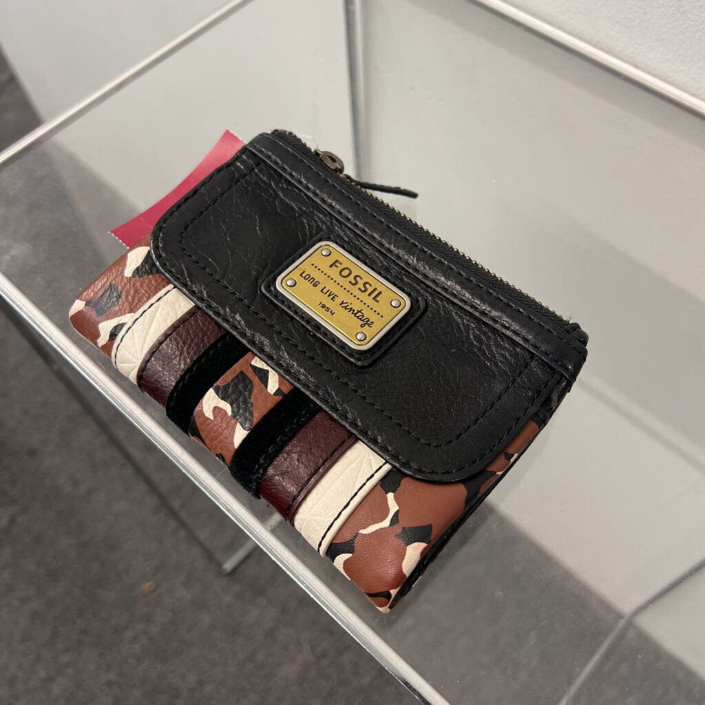 Fossil Black/ Brown Leather Print Wallet
