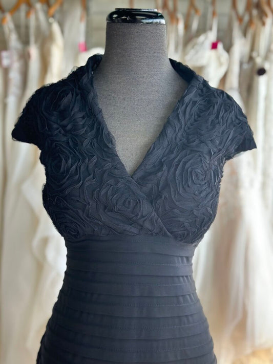 R&M Richards Black Textured Short Sleeve Top Short Formal Dress 14 Petite