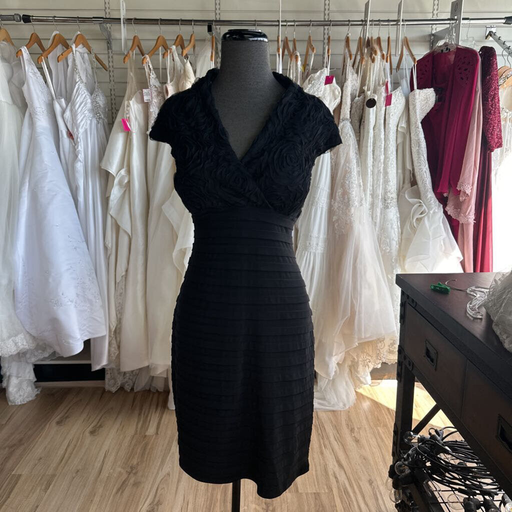 R&M Richards Black Textured Short Sleeve Top Short Formal Dress 14 Petite