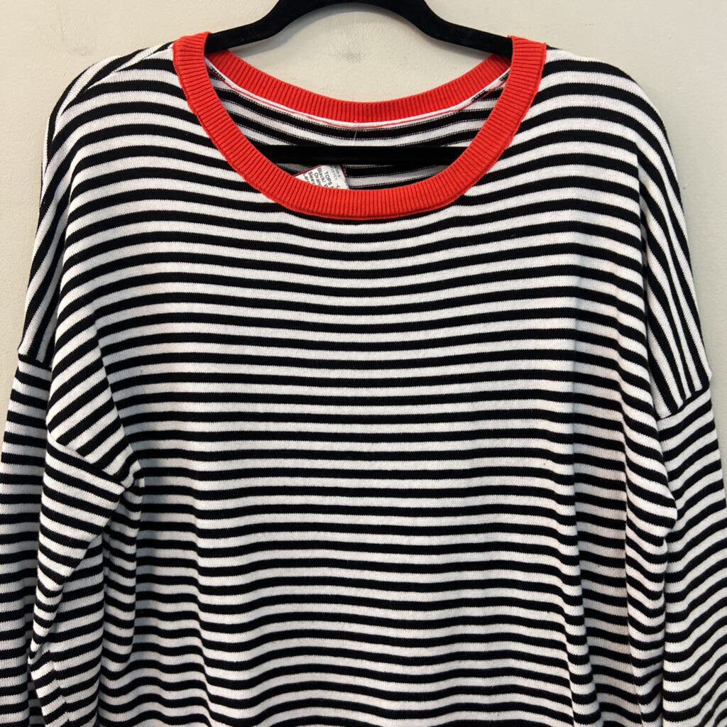 Black/ White Striped Orange Trim Long Sleeve Sweater Top Large