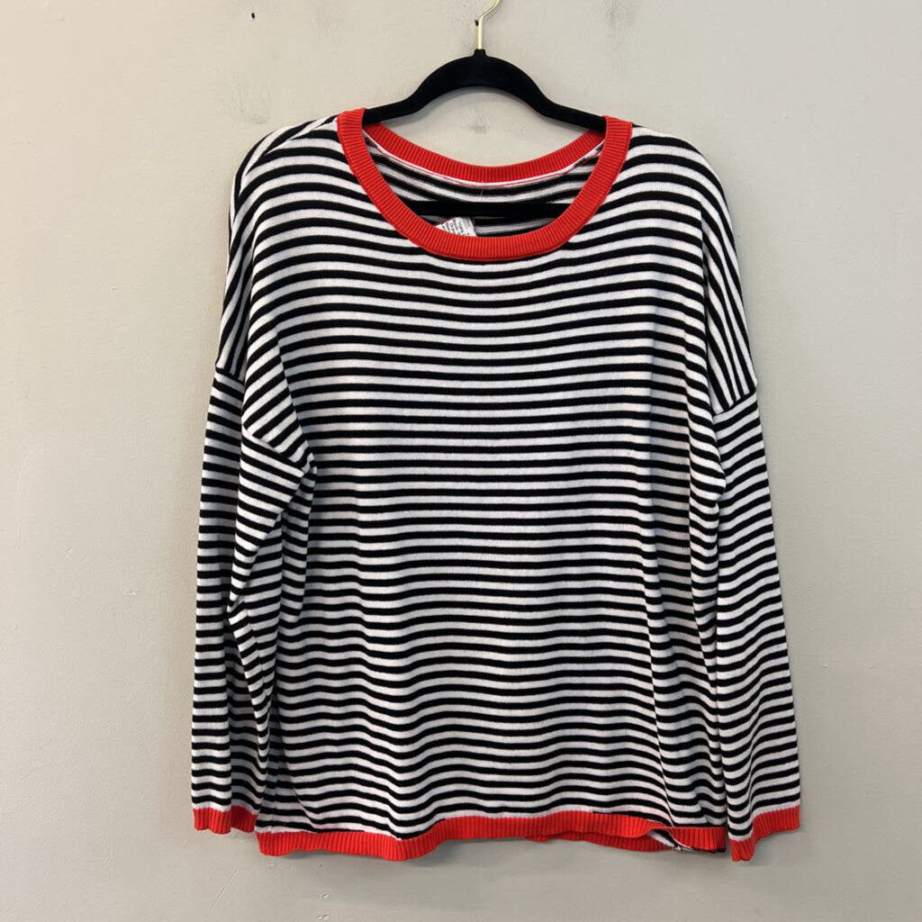 Black/ White Striped Orange Trim Long Sleeve Sweater Top Large