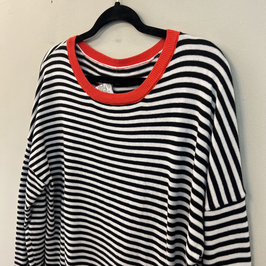 Black/ White Striped Orange Trim Long Sleeve Sweater Top Large