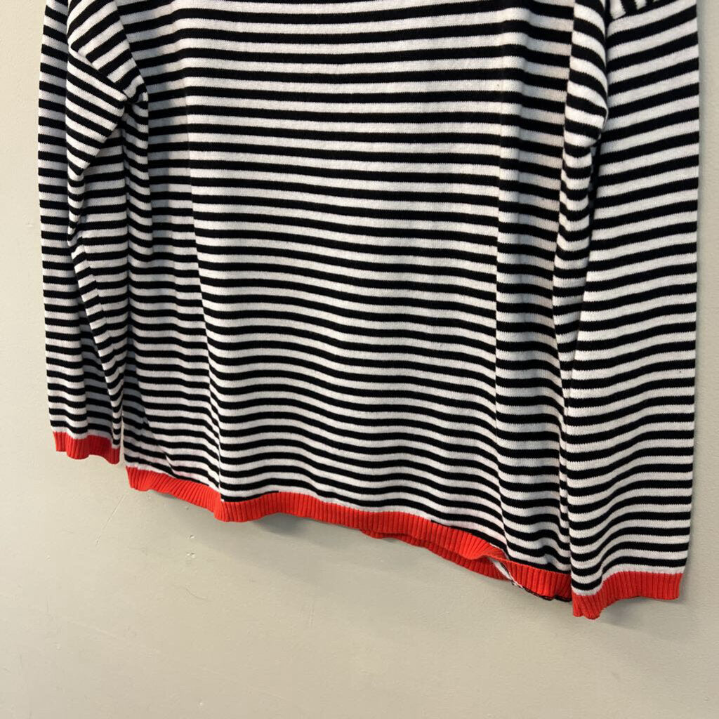 Black/ White Striped Orange Trim Long Sleeve Sweater Top Large