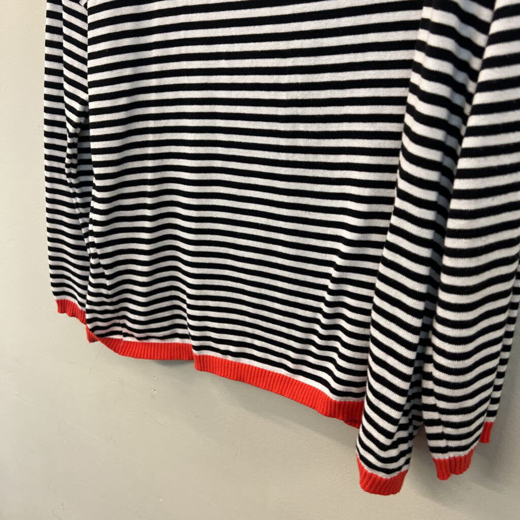 Black/ White Striped Orange Trim Long Sleeve Sweater Top Large