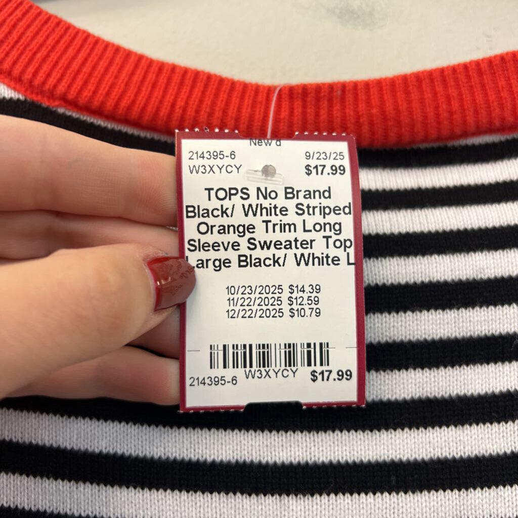 Black/ White Striped Orange Trim Long Sleeve Sweater Top Large