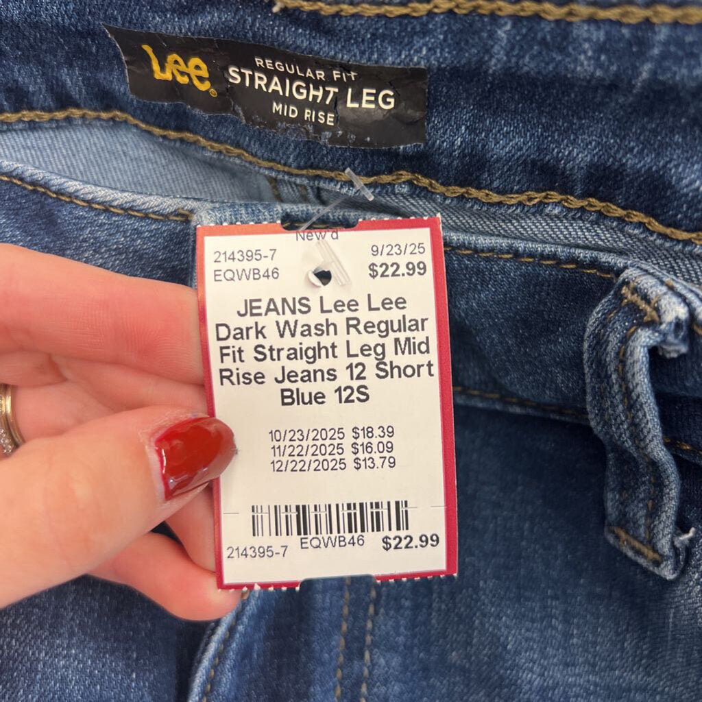 Lee Dark Wash Regular Fit Straight Leg Mid Rise Jeans 12 Short