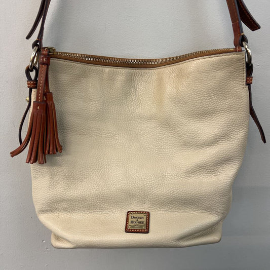 Dooney and Bourke Cream Pebbled Leather Brown Trim Crossbody Purse