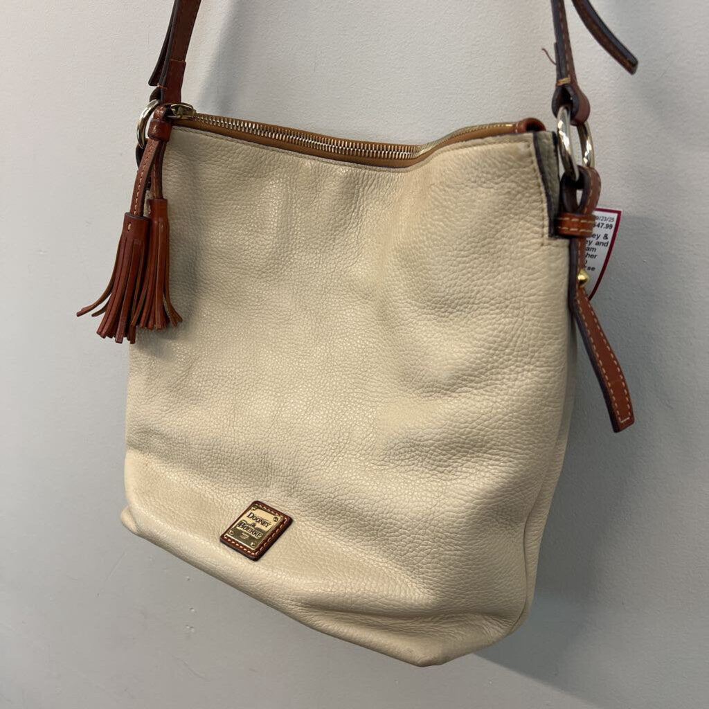 Dooney and Bourke Cream Pebbled Leather Brown Trim Crossbody Purse