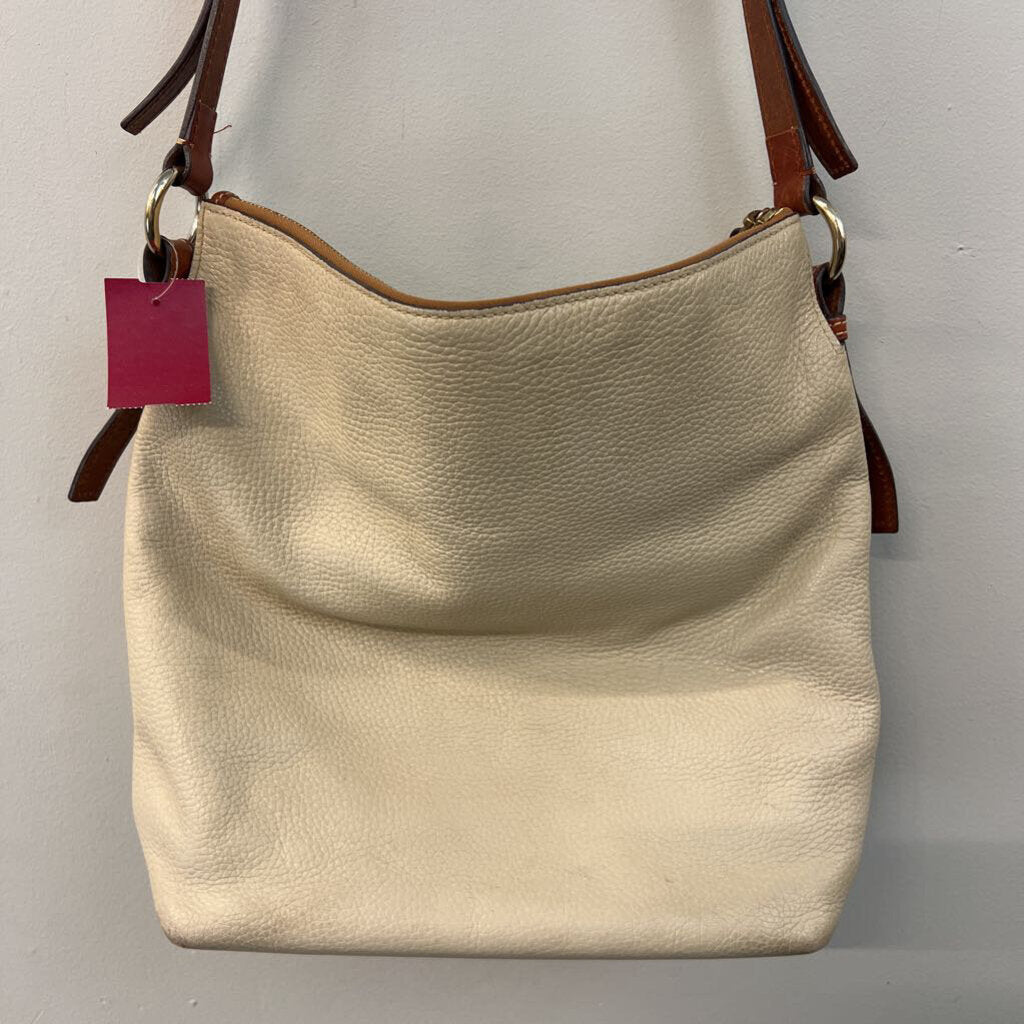 Dooney and Bourke Cream Pebbled Leather Brown Trim Crossbody Purse